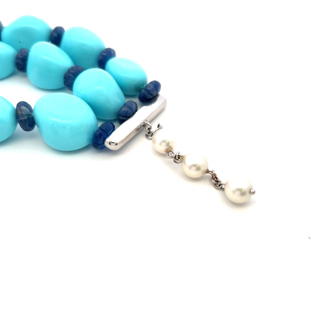 2.10 Carat Sapphire 1.35 Carat Diamond Turquoise and Pearl 18K WG Link Bracelet