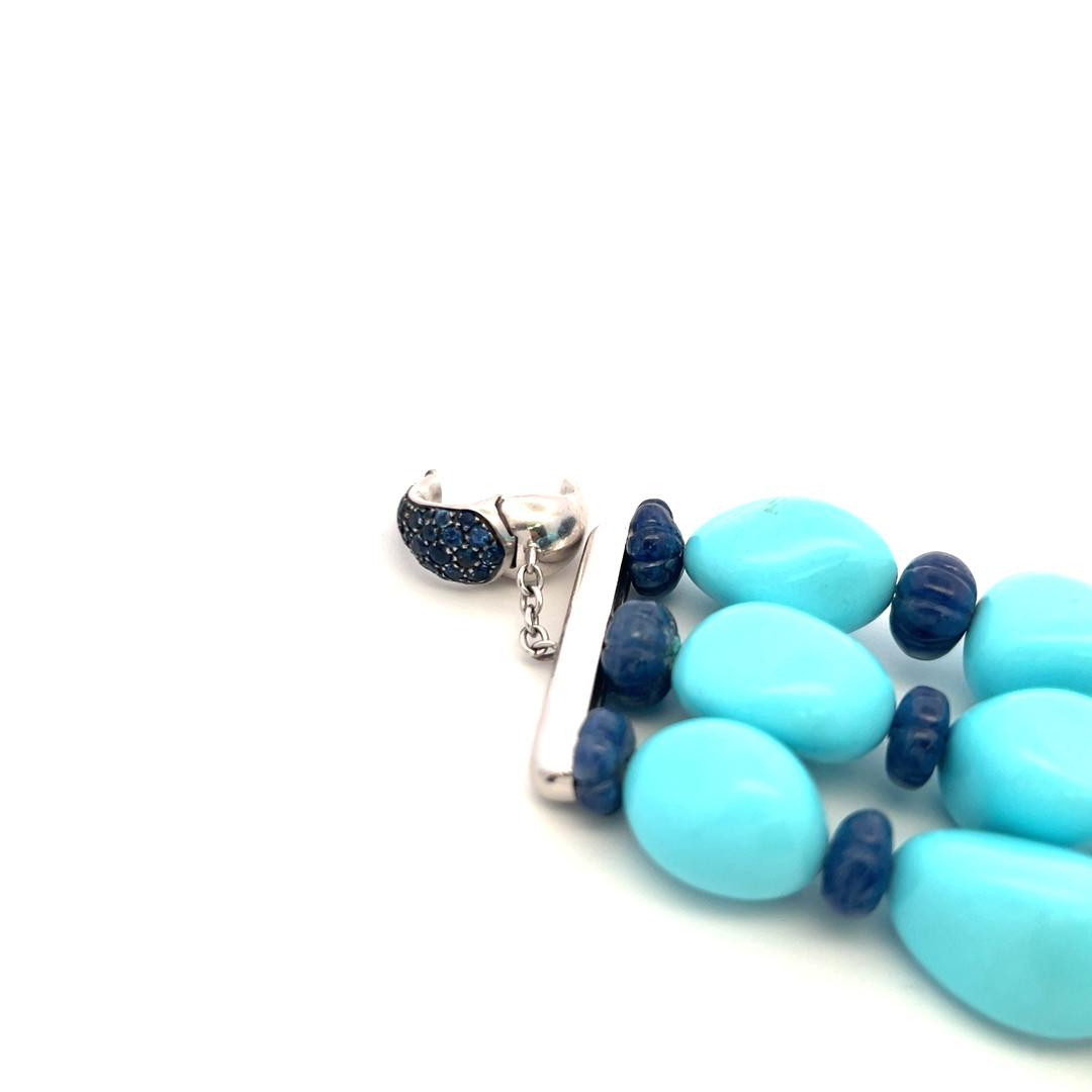 2.10 Carat Sapphire 1.35 Carat Diamond Turquoise and Pearl 18K WG Link Bracelet
