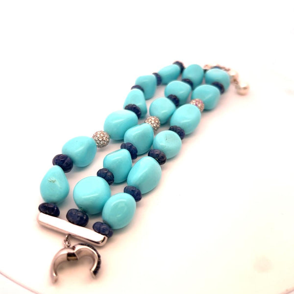 2.10 Carat Sapphire 1.35 Carat Diamond Turquoise and Pearl 18K WG Link Bracelet