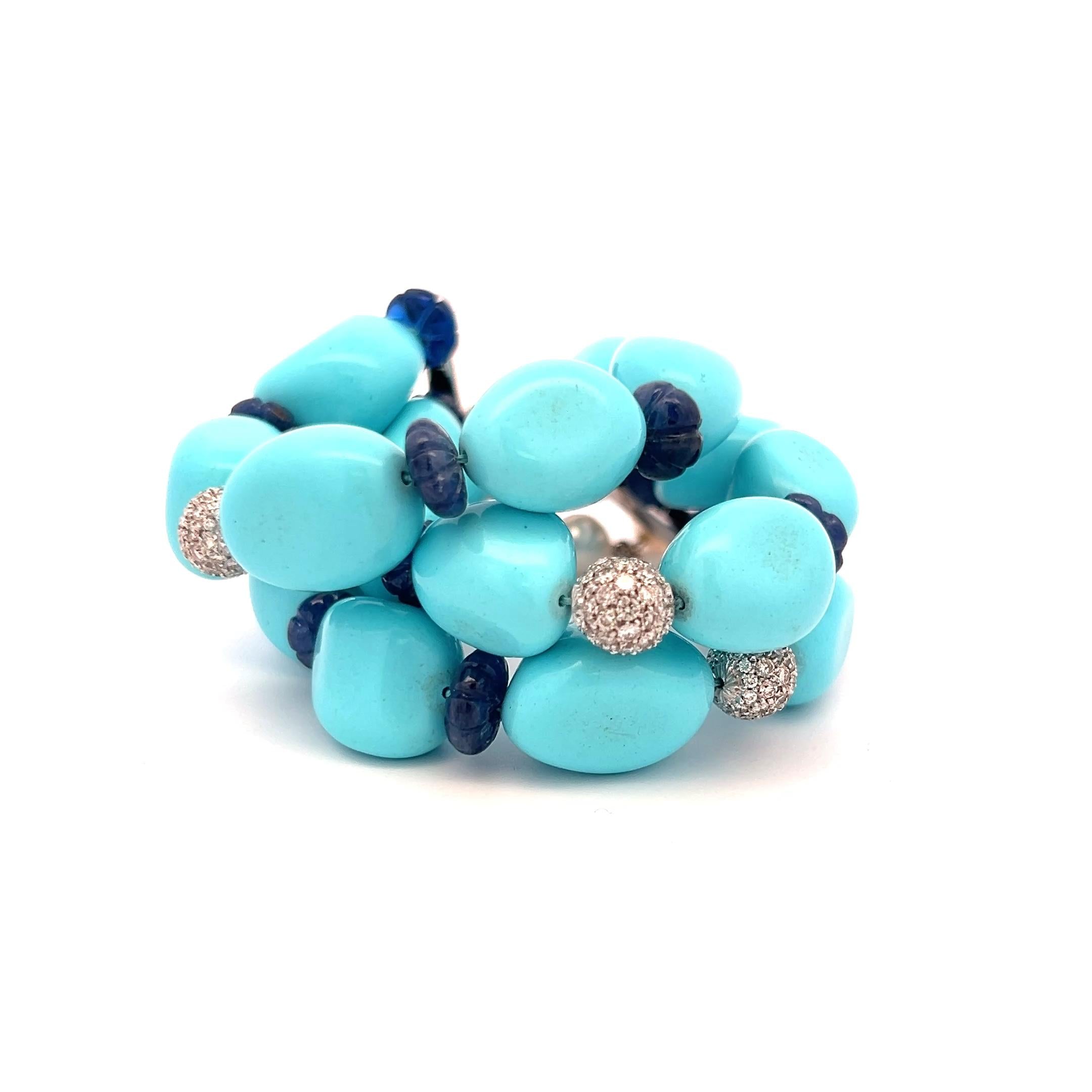 2.10 Carat Sapphire 1.35 Carat Diamond Turquoise and Pearl 18K WG Link Bracelet