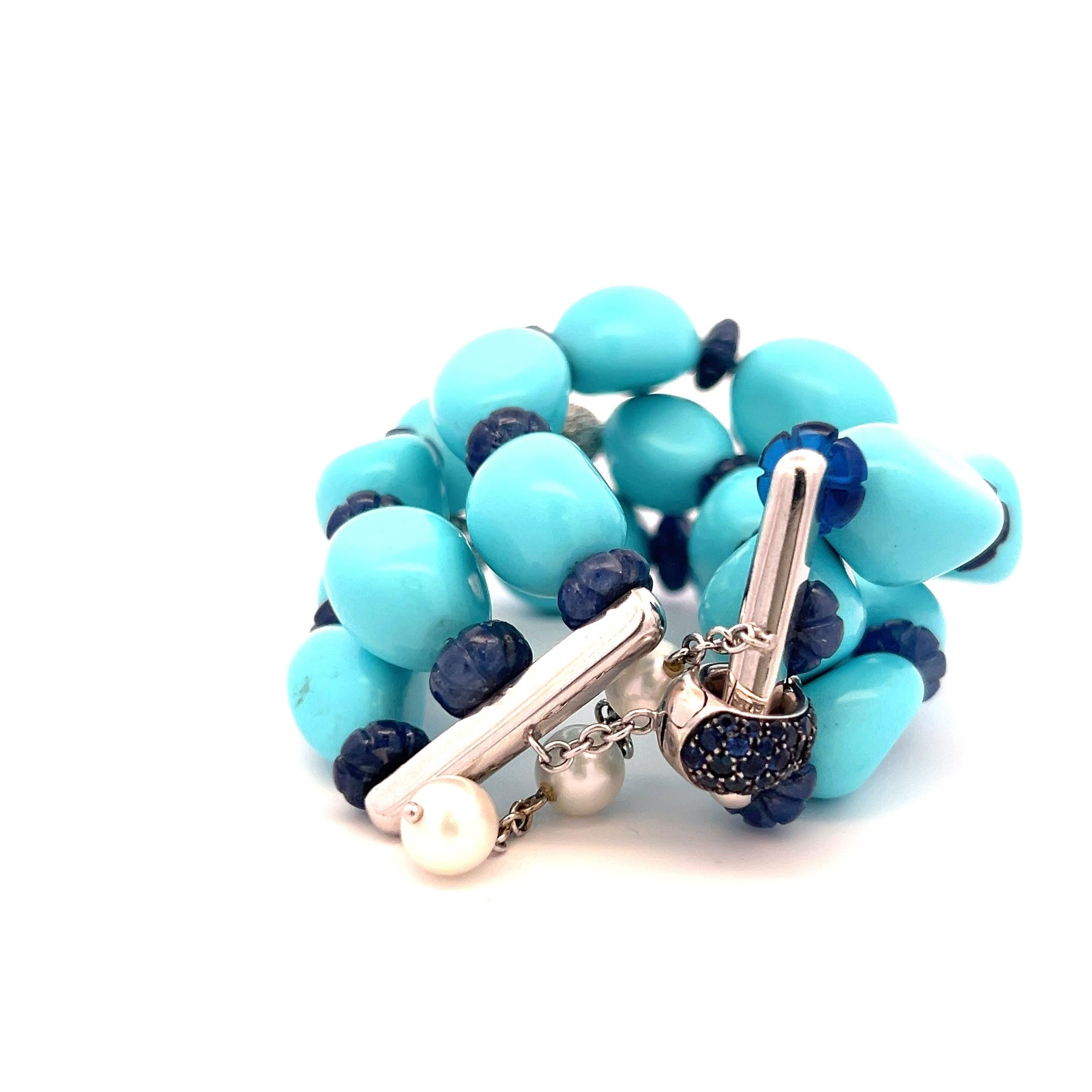 2.10 Carat Sapphire 1.35 Carat Diamond Turquoise and Pearl 18K WG Link Bracelet