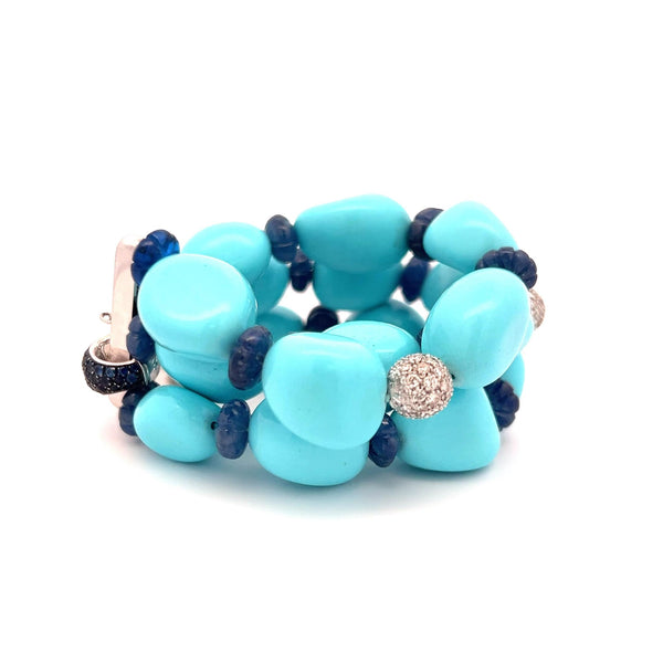 2.10 Carat Sapphire 1.35 Carat Diamond Turquoise and Pearl 18K WG Link Bracelet