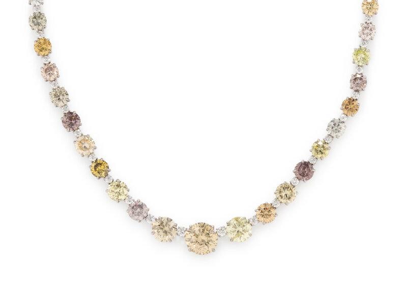 Platinum Riviera Necklace with 67.49 Carat Fancy Multi-Colour Diamonds GIA