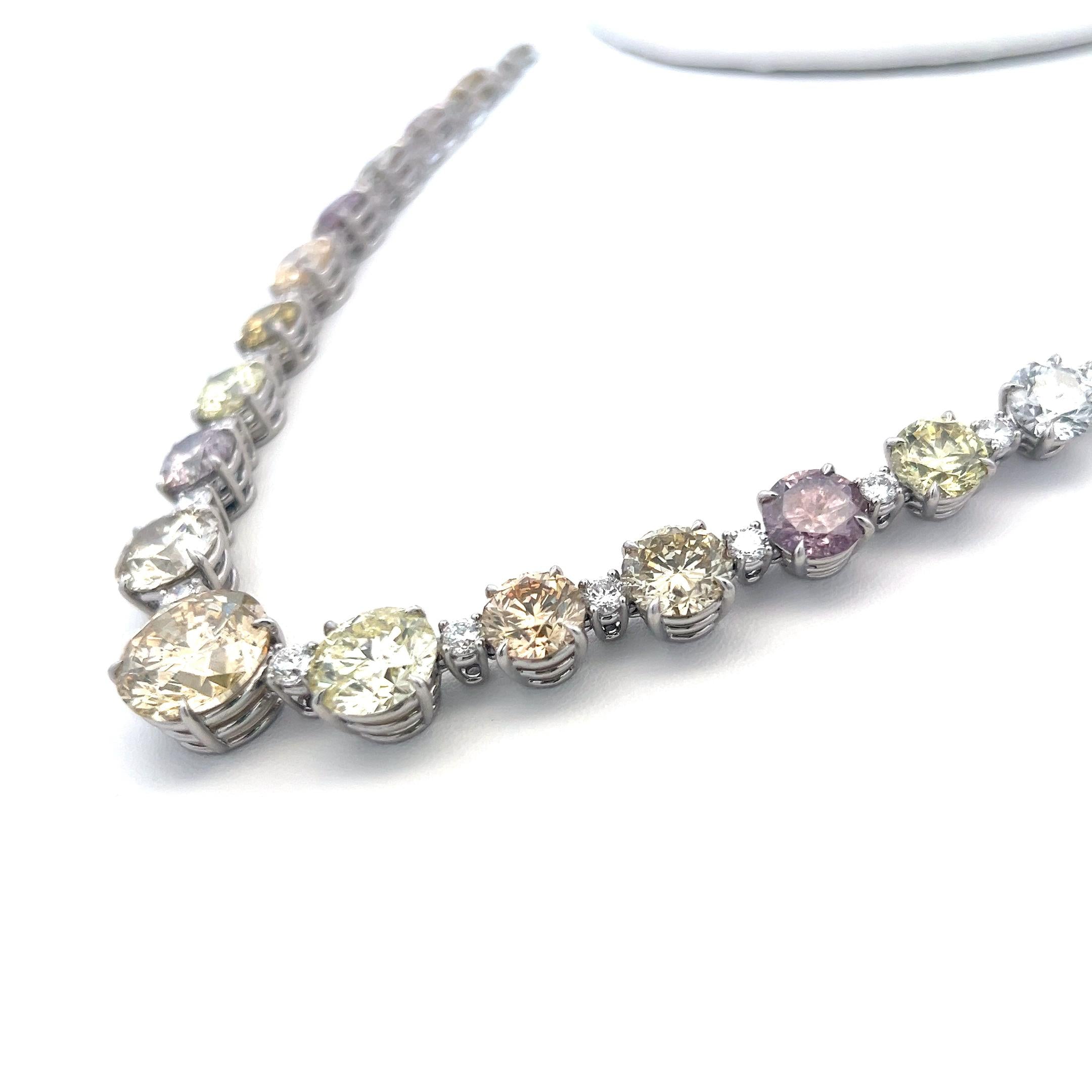 Platinum Riviera Necklace with 67.49 Carat Fancy Multi-Colour Diamonds GIA