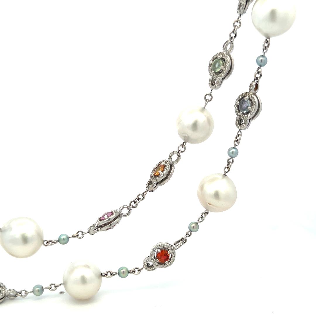 Multi-Gem Pearl Station Necklace in 18K White Gold with Diamond Accents 1.56ct