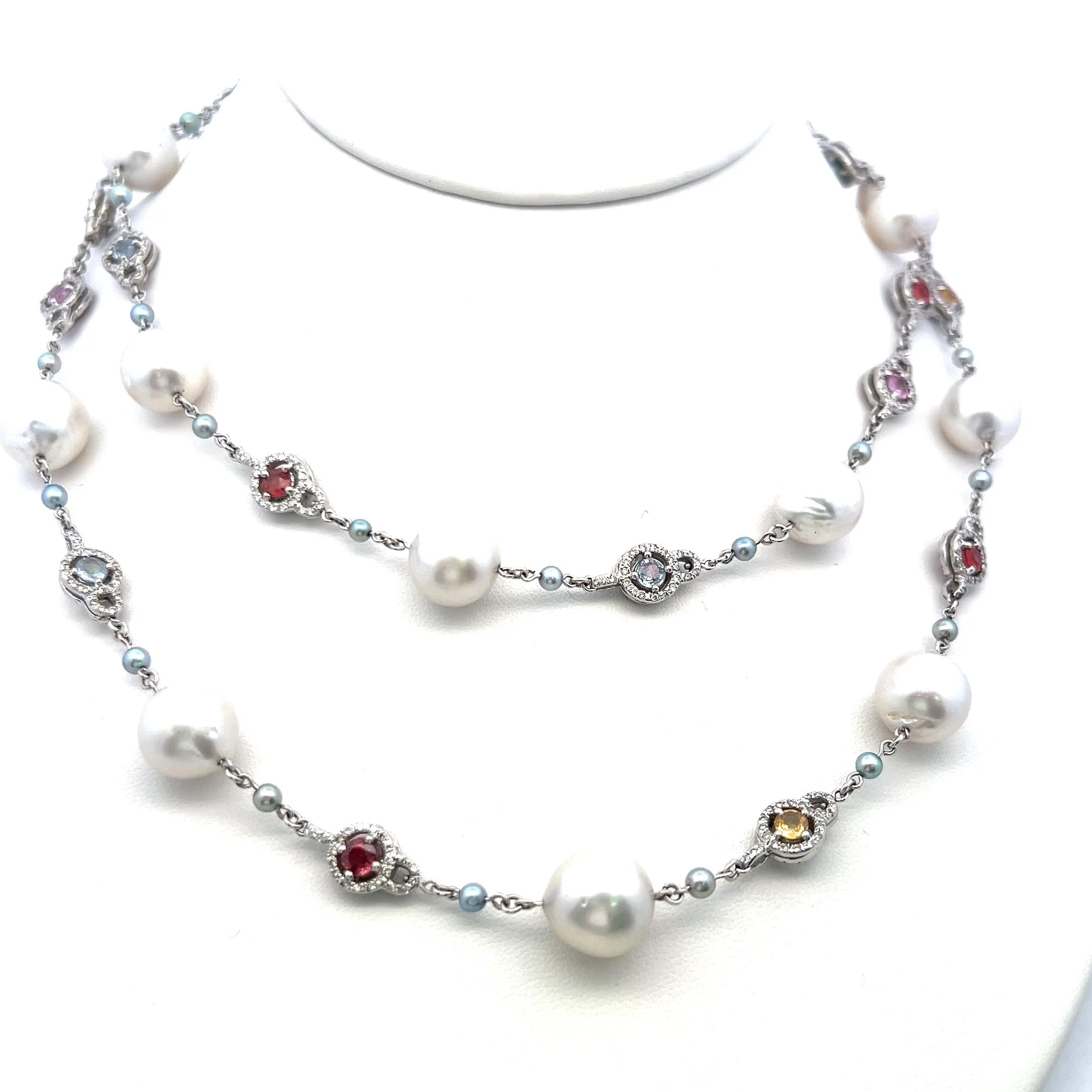 Multi-Gem Pearl Station Necklace in 18K White Gold with Diamond Accents 1.56ct