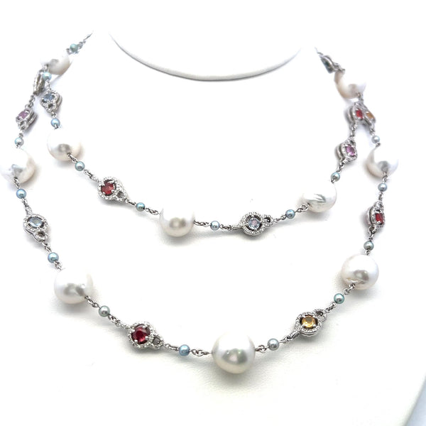 Multi-Gem Pearl Station Necklace in 18K White Gold with Diamond Accents 1.56ct