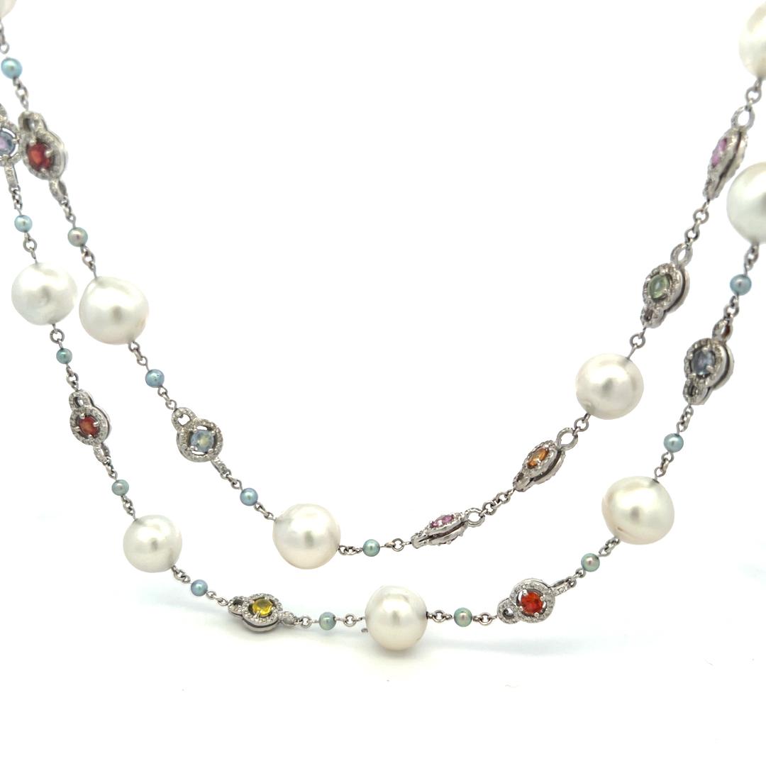 Multi-Gem Pearl Station Necklace in 18K White Gold with Diamond Accents 1.56ct