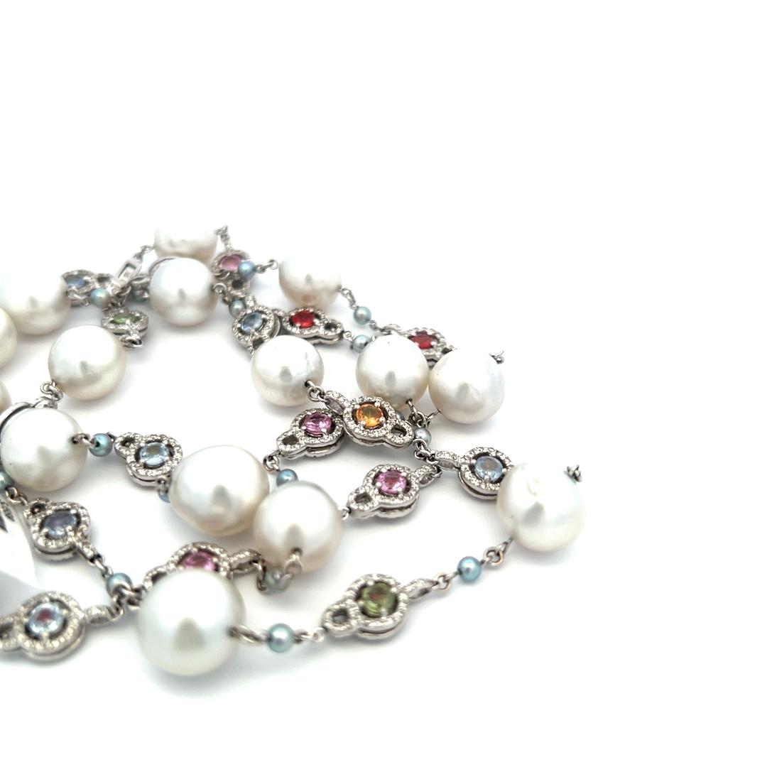 Multi-Gem Pearl Station Necklace in 18K White Gold with Diamond Accents 1.56ct