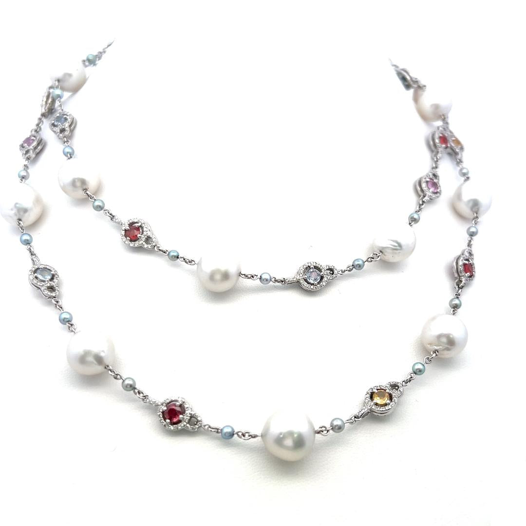 18K White Gold Station Necklace 1.56ct Diamonds Pearls & 4ct Multi Gemstones
