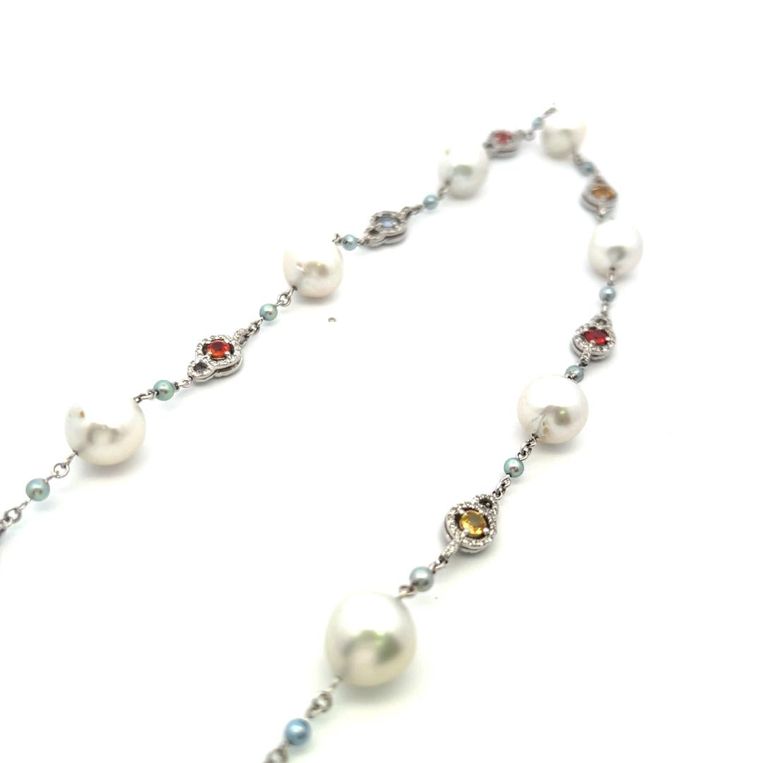 Multi-Gem Pearl Station Necklace in 18K White Gold with Diamond Accents 1.56ct