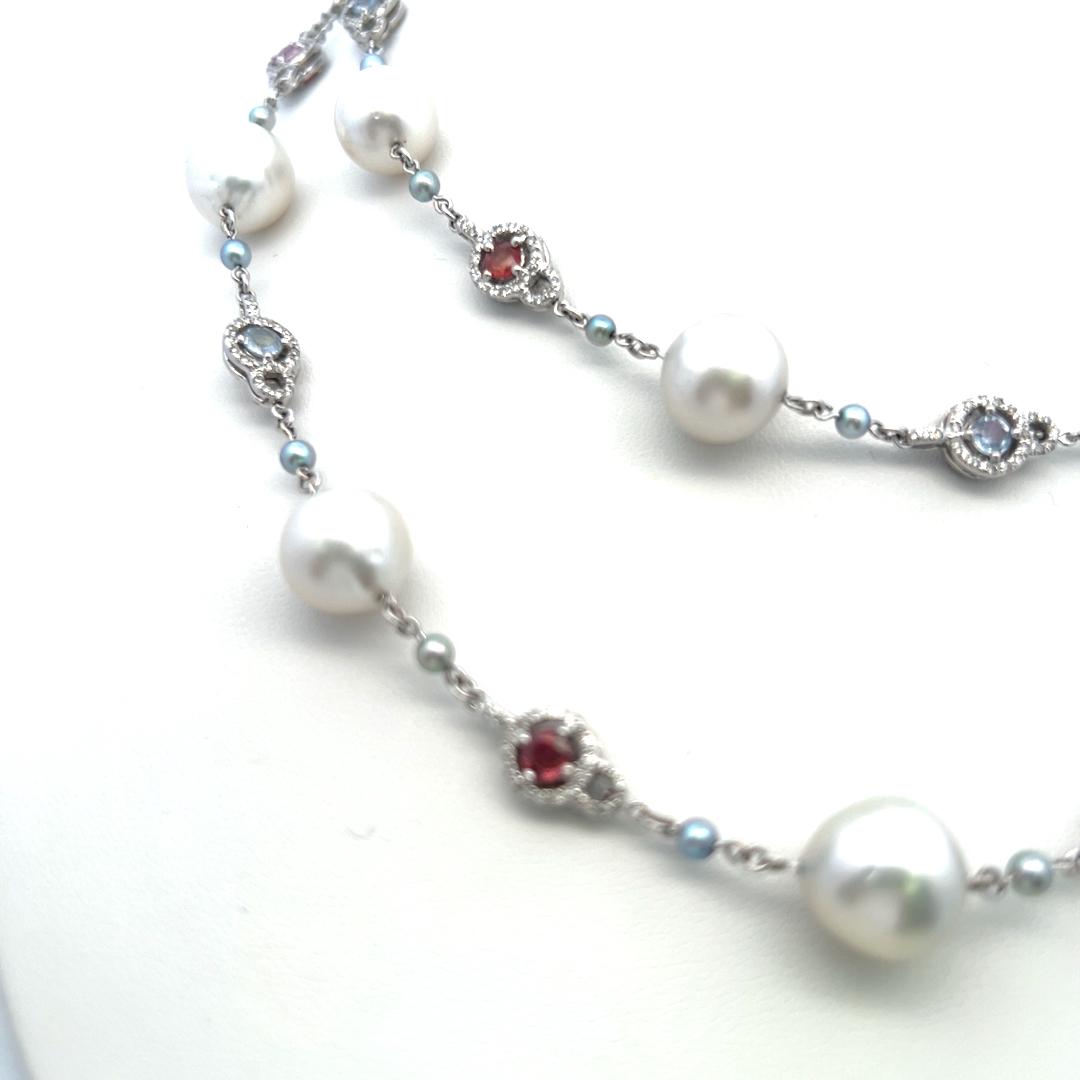 Multi-Gem Pearl Station Necklace in 18K White Gold with Diamond Accents 1.56ct