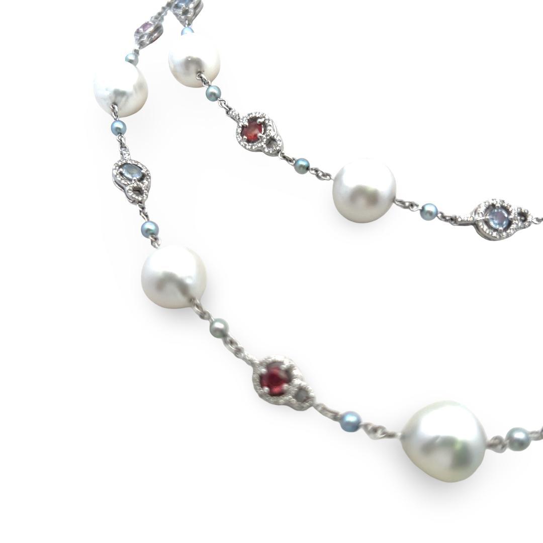 18K White Gold Station Necklace 1.56ct Diamonds Pearls & 4ct Multi Gemstones