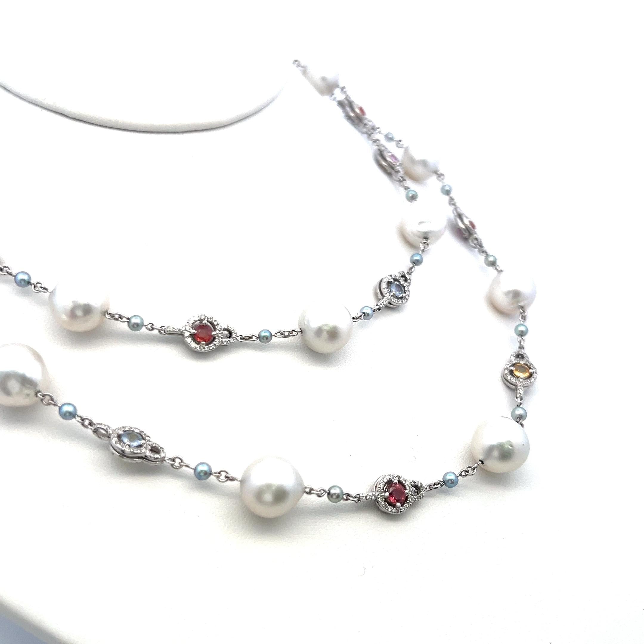 Multi-Gem Pearl Station Necklace in 18K White Gold with Diamond Accents 1.56ct