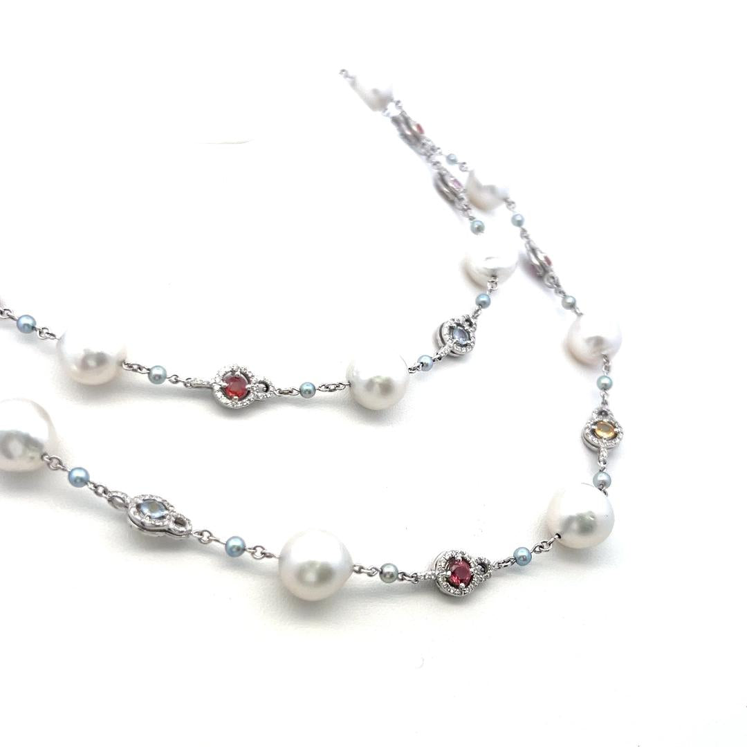18K White Gold Station Necklace 1.56ct Diamonds Pearls & 4ct Multi Gemstones