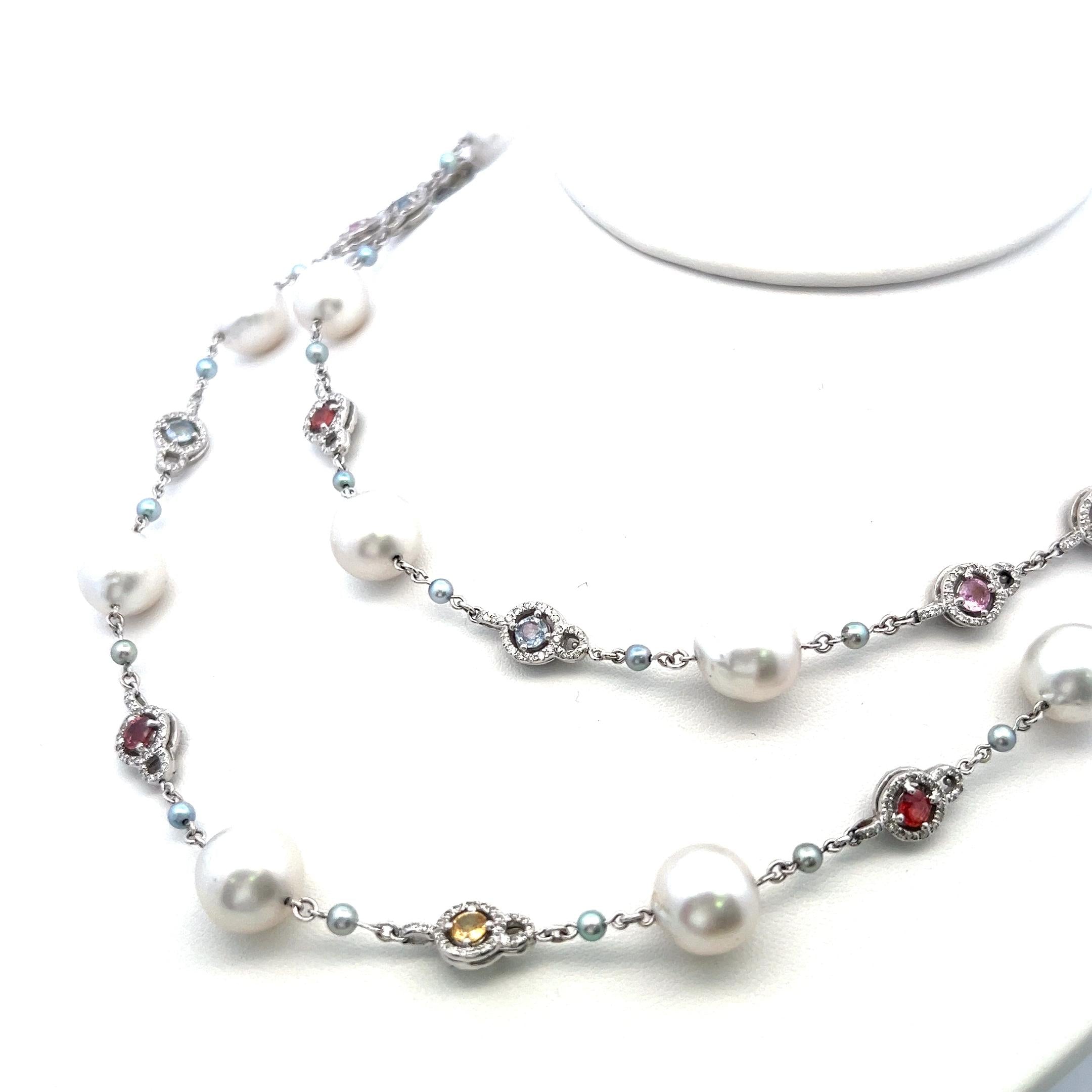 Multi-Gem Pearl Station Necklace in 18K White Gold with Diamond Accents 1.56ct