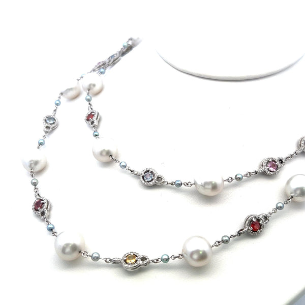 Multi-Gem Pearl Station Necklace in 18K White Gold with Diamond Accents 1.56ct