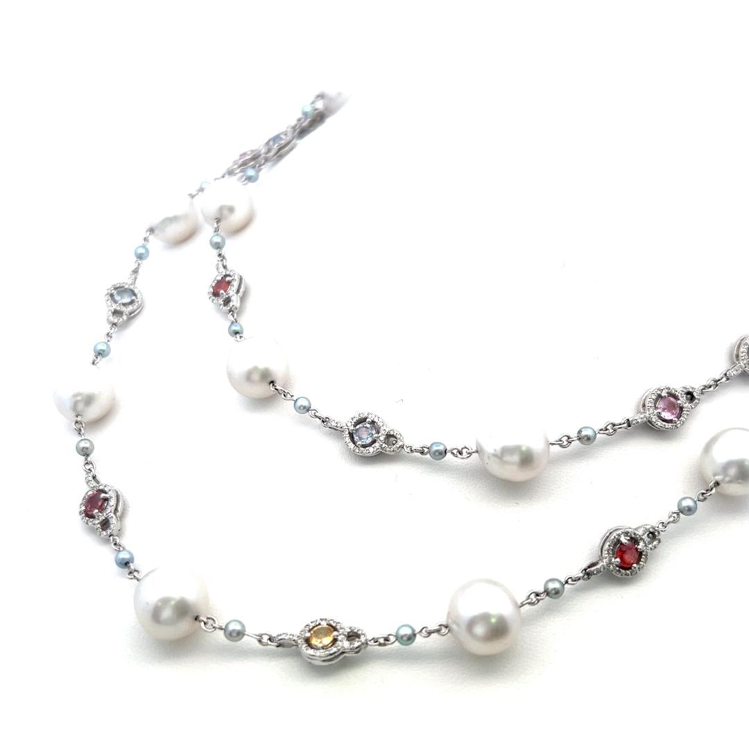 18K White Gold Station Necklace 1.56ct Diamonds Pearls & 4ct Multi Gemstones