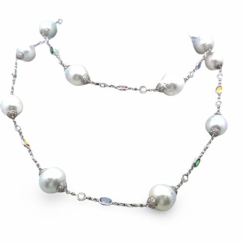 18K WG Station Necklace 6.72ct Rose & Round Diamonds Pearl & 5ct Multi Gemstones