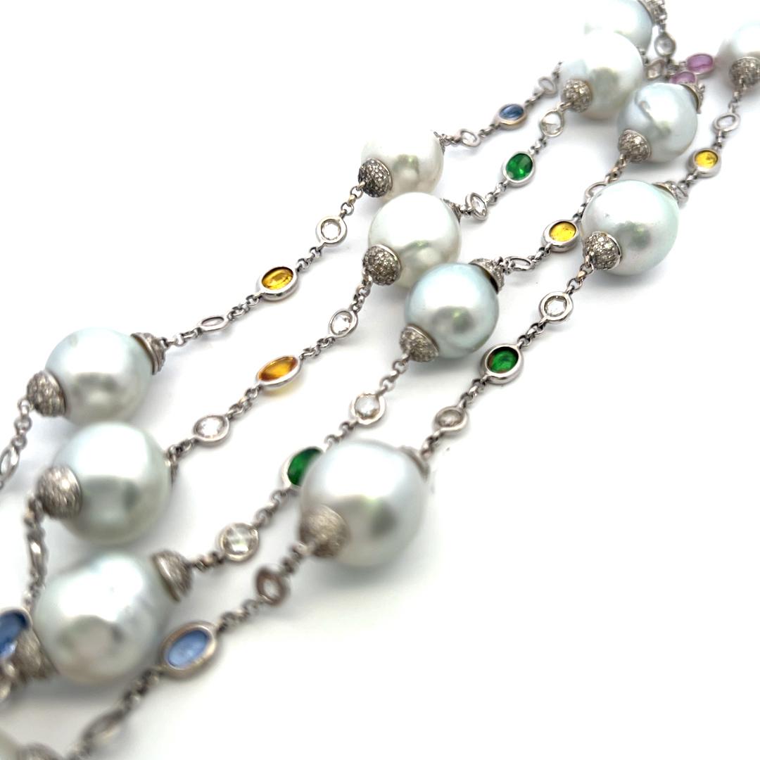 Pearl, Rose-Cut Diamond & Multi-Gem Station Necklace in 18K White Gold (32.5")