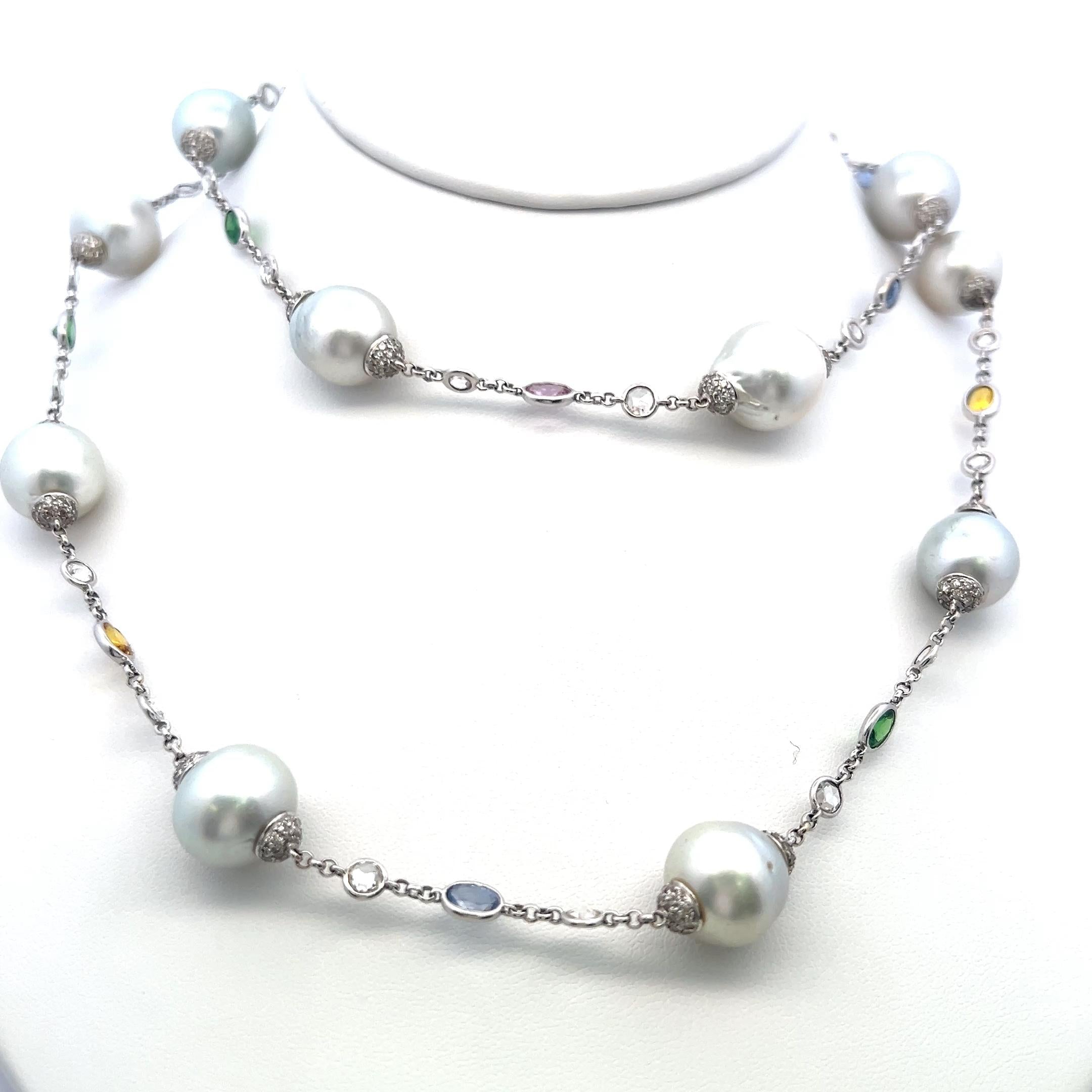 Pearl, Rose-Cut Diamond & Multi-Gem Station Necklace in 18K White Gold (32.5")