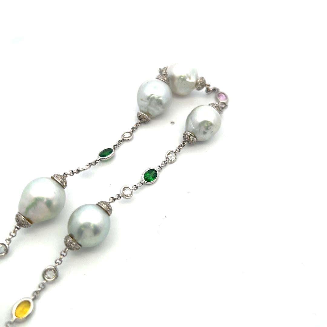 Pearl, Rose-Cut Diamond & Multi-Gem Station Necklace in 18K White Gold (32.5")