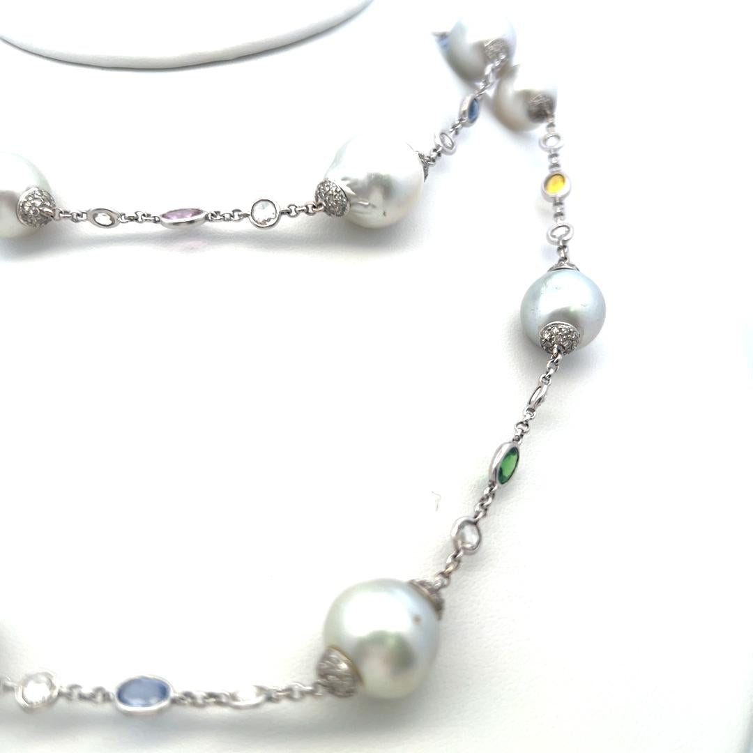 Pearl, Rose-Cut Diamond & Multi-Gem Station Necklace in 18K White Gold (32.5")