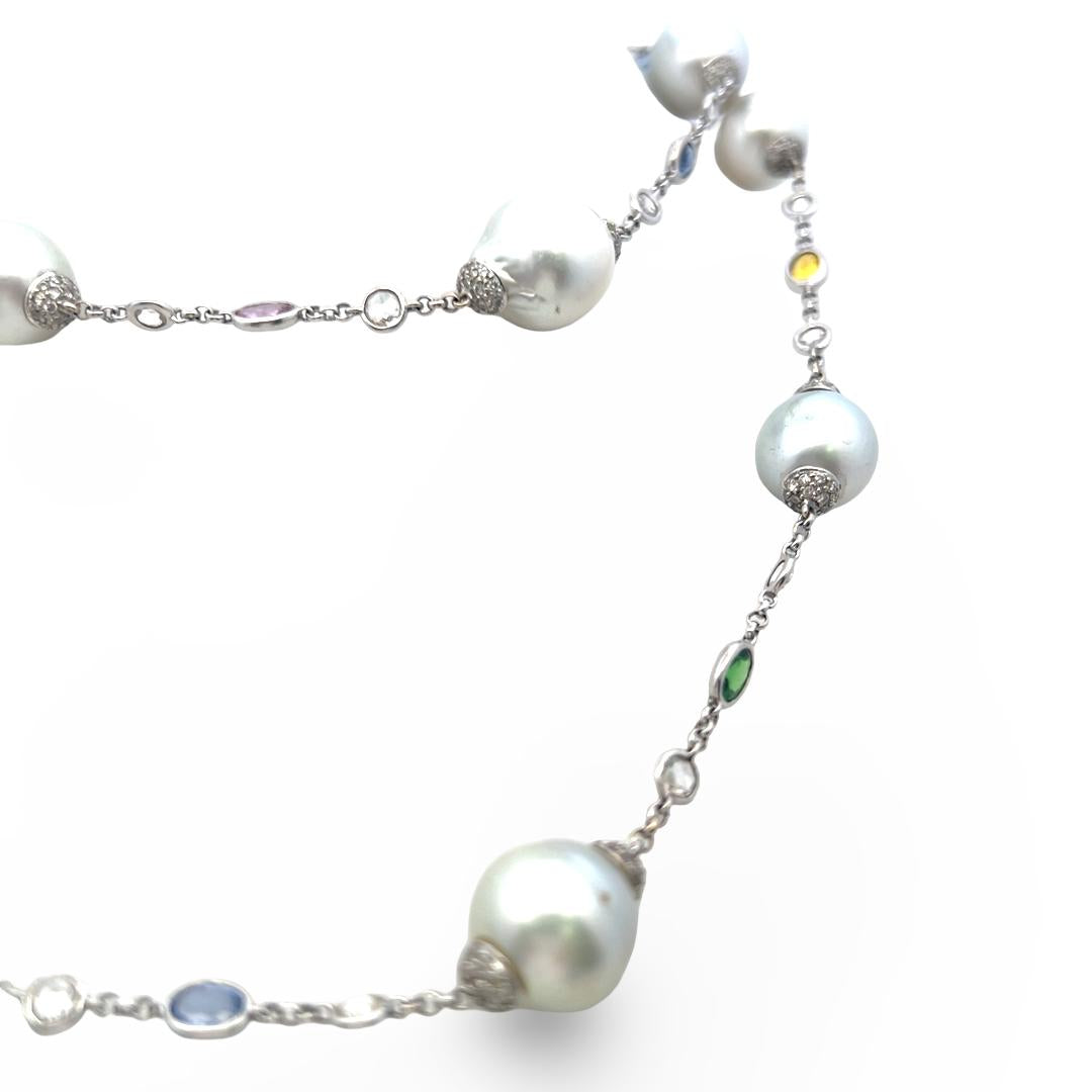 18K WG Station Necklace 6.72ct Rose & Round Diamonds Pearl & 5ct Multi Gemstones