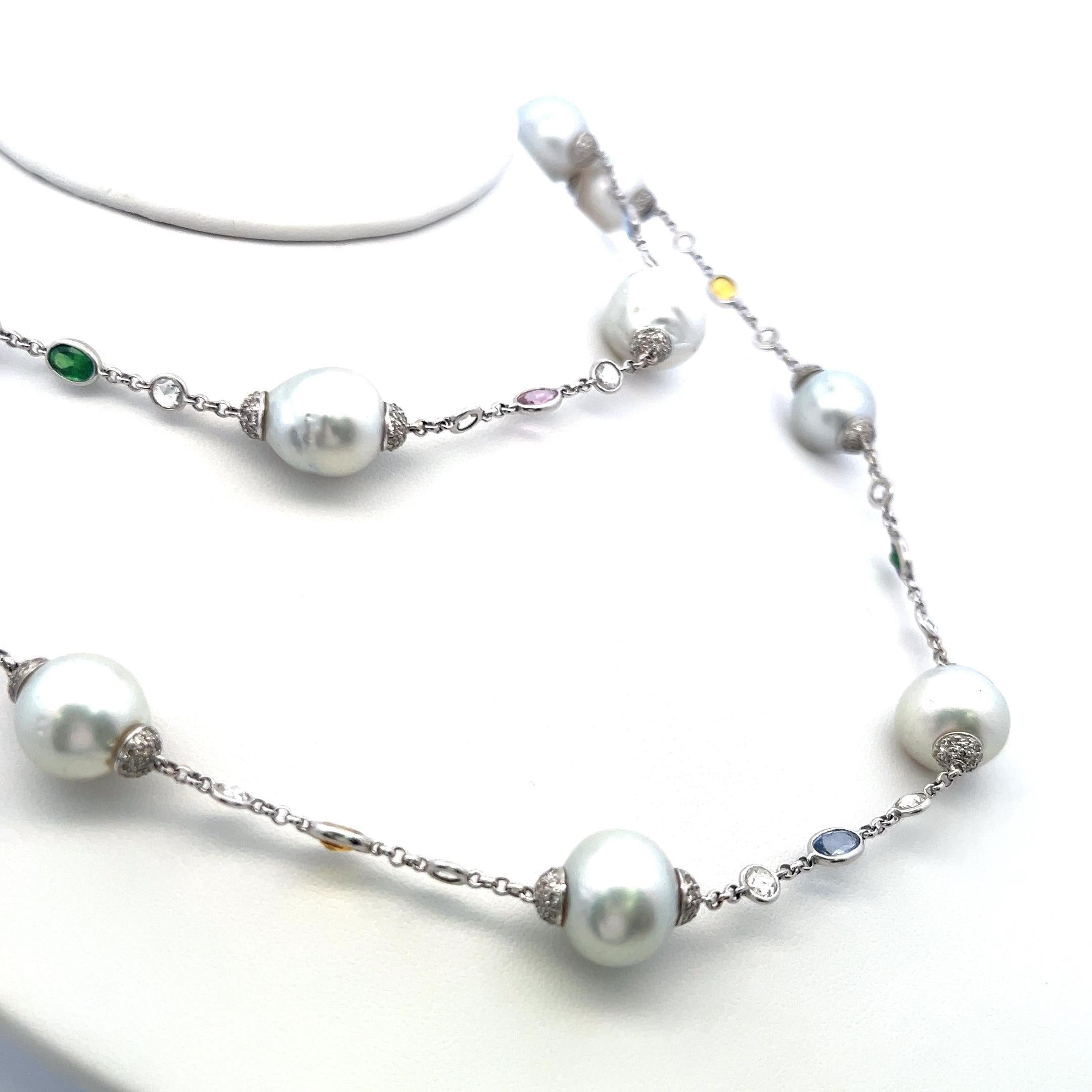 Pearl, Rose-Cut Diamond & Multi-Gem Station Necklace in 18K White Gold (32.5")