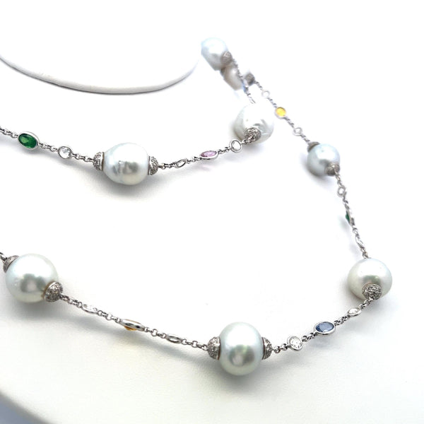 Pearl, Rose-Cut Diamond & Multi-Gem Station Necklace in 18K White Gold (32.5")