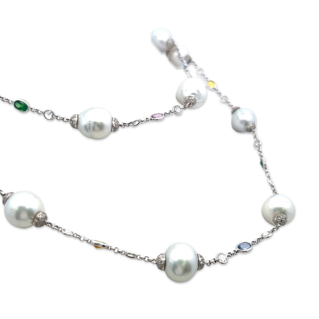 18K WG Station Necklace 6.72ct Rose & Round Diamonds Pearl & 5ct Multi Gemstones