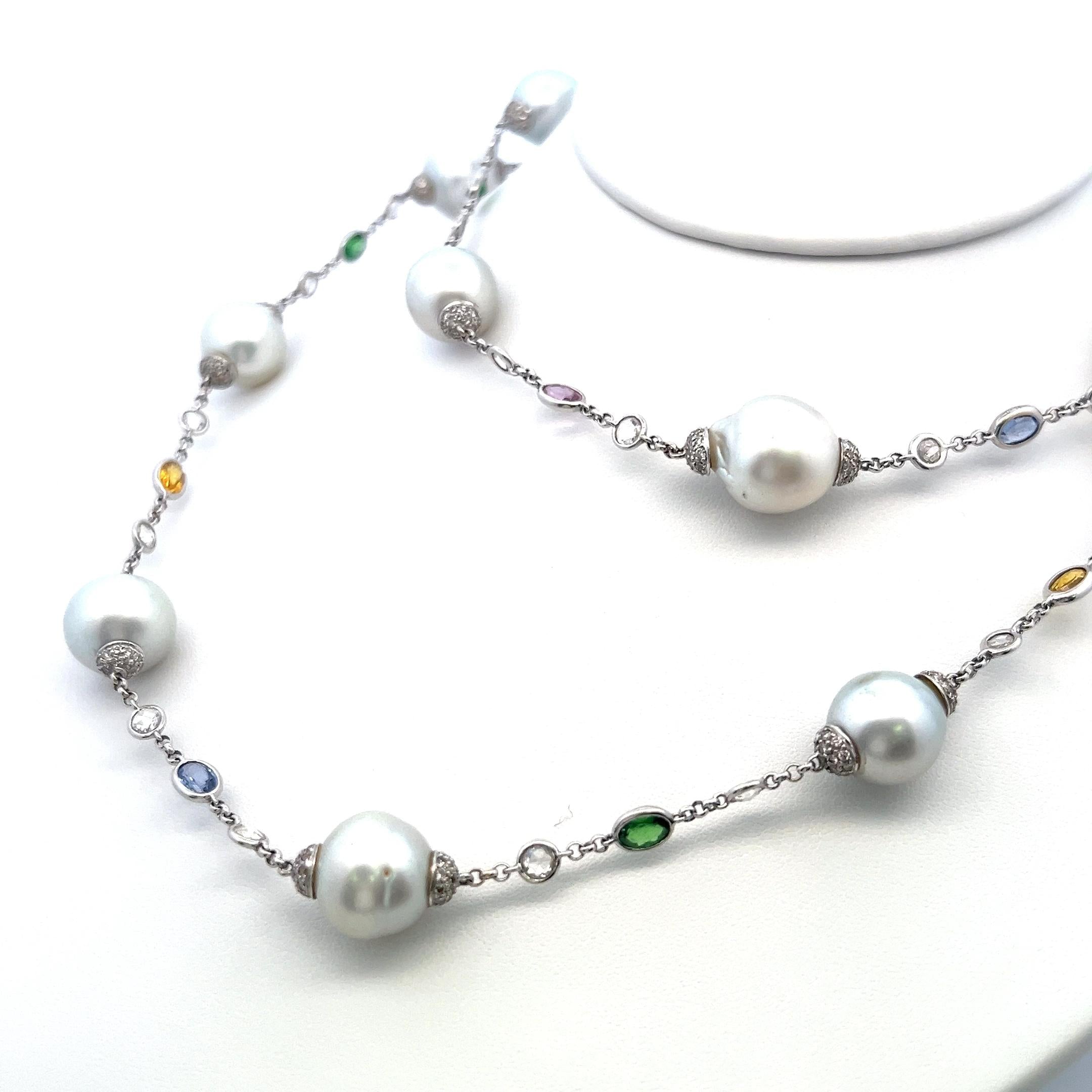Pearl, Rose-Cut Diamond & Multi-Gem Station Necklace in 18K White Gold (32.5")