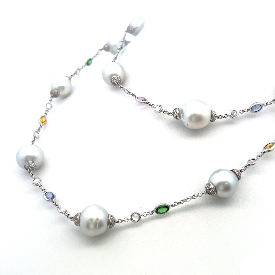 18K WG Station Necklace 6.72ct Rose & Round Diamonds Pearl & 5ct Multi Gemstones