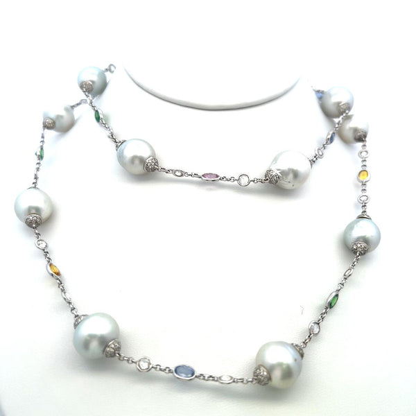 Pearl, Rose-Cut Diamond & Multi-Gem Station Necklace in 18K White Gold (32.5")