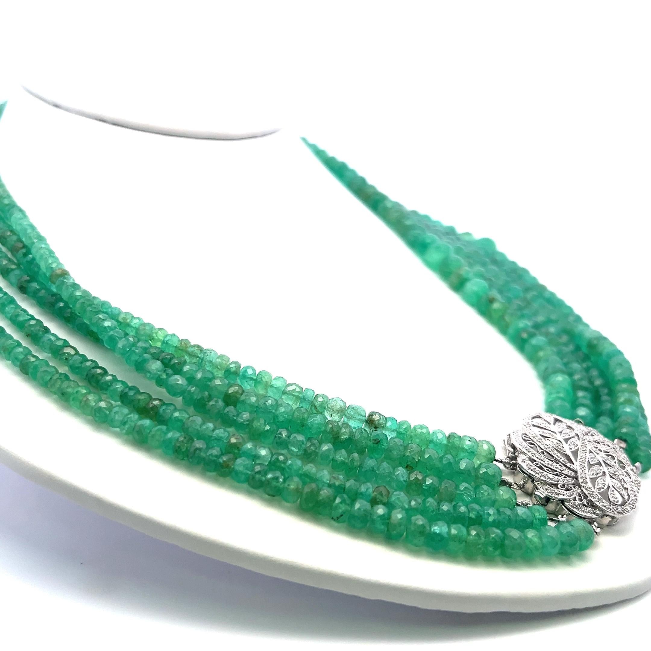 3.6–10.04mm Emerald Strand Necklace with 0.70ct Diamond in 14K White Gold