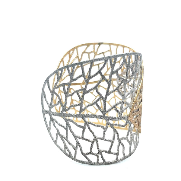 Textured Openwork Leaf Design 14 Karat Two Tone Gold Cuff Bracelet