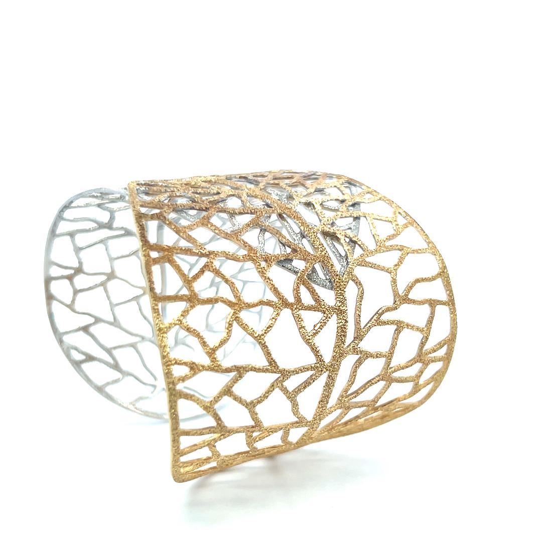 Textured Openwork Leaf Design 14 Karat Two Tone Gold Cuff Bracelet