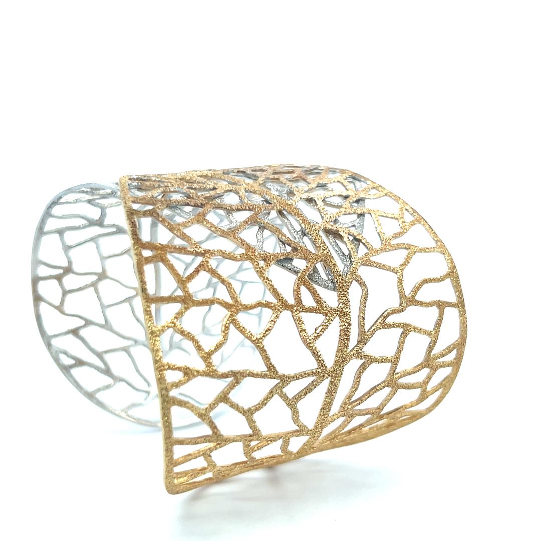 Textured Openwork Leaf Design 14 Karat Two Tone Gold Cuff Bracelet