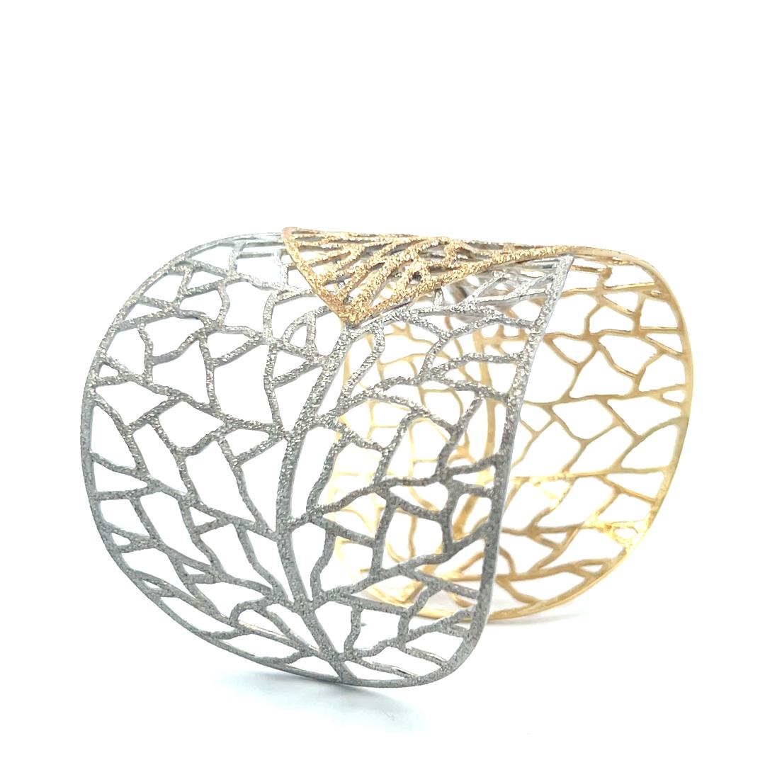 Textured Openwork Leaf Design 14 Karat Two Tone Gold Cuff Bracelet