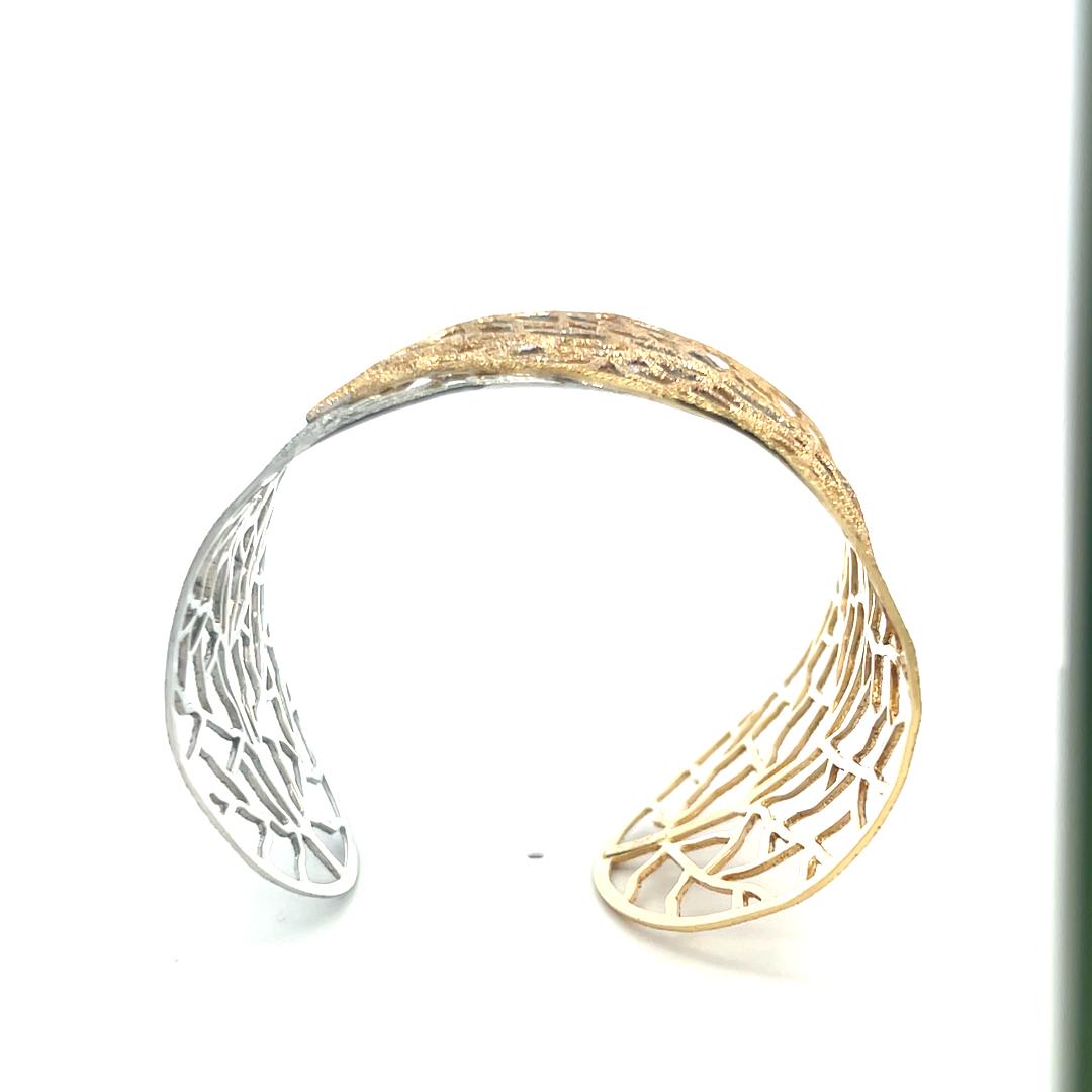 Textured Openwork Leaf Design 14 Karat Two Tone Gold Cuff Bracelet