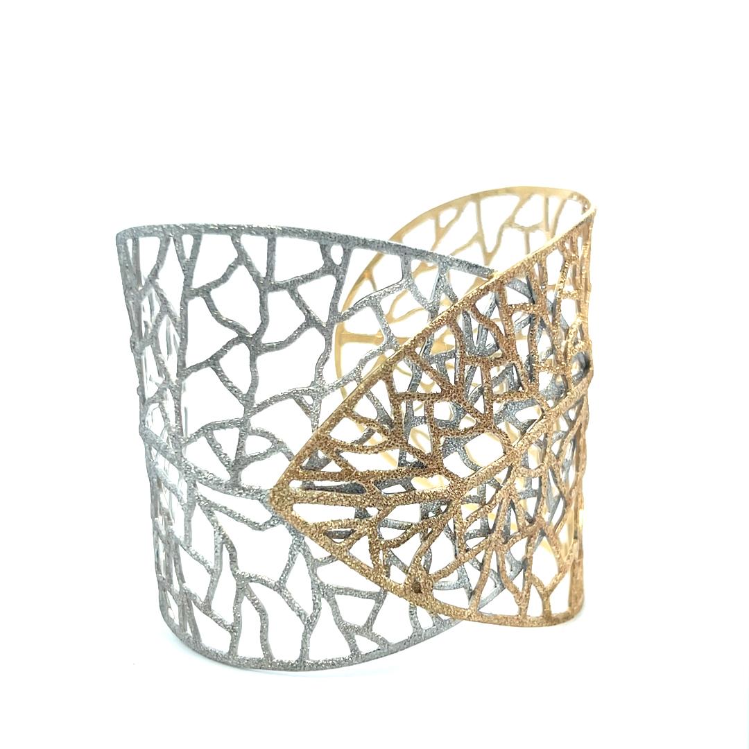 Textured Openwork Leaf Design 14 Karat Two Tone Gold Cuff Bracelet