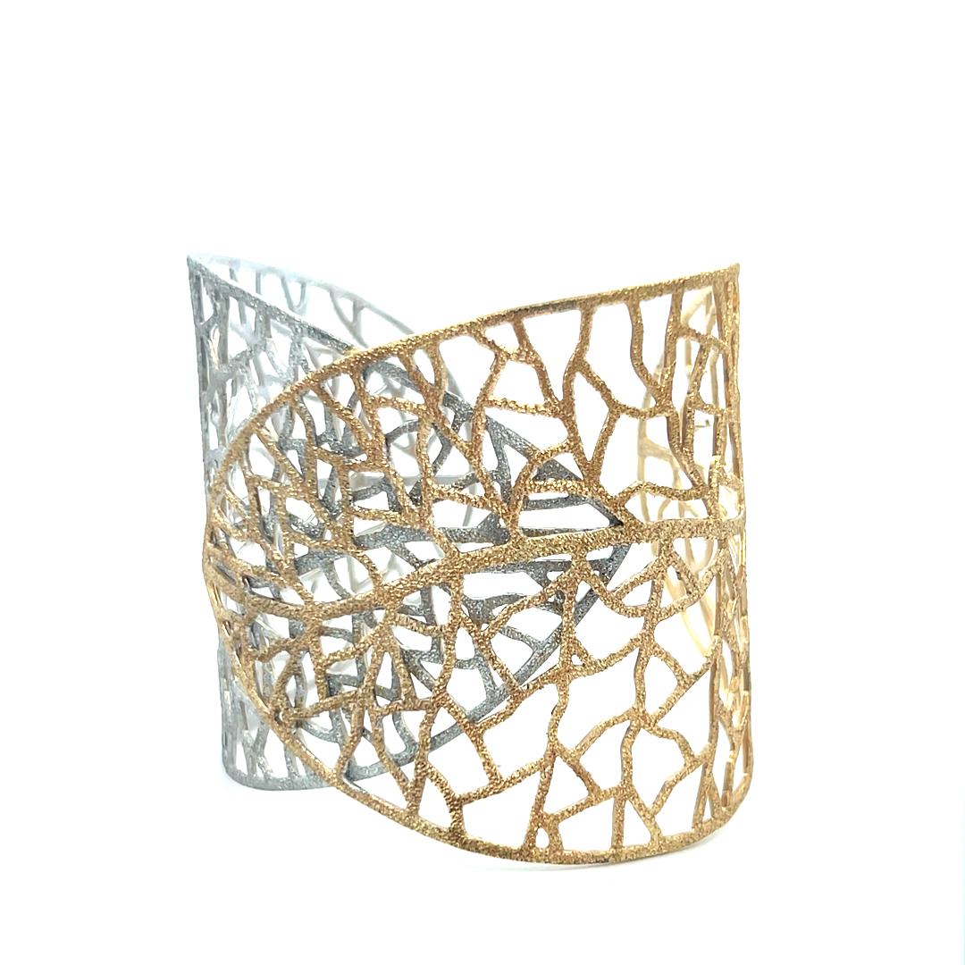 Textured Openwork Leaf Design 14 Karat Two Tone Gold Cuff Bracelet