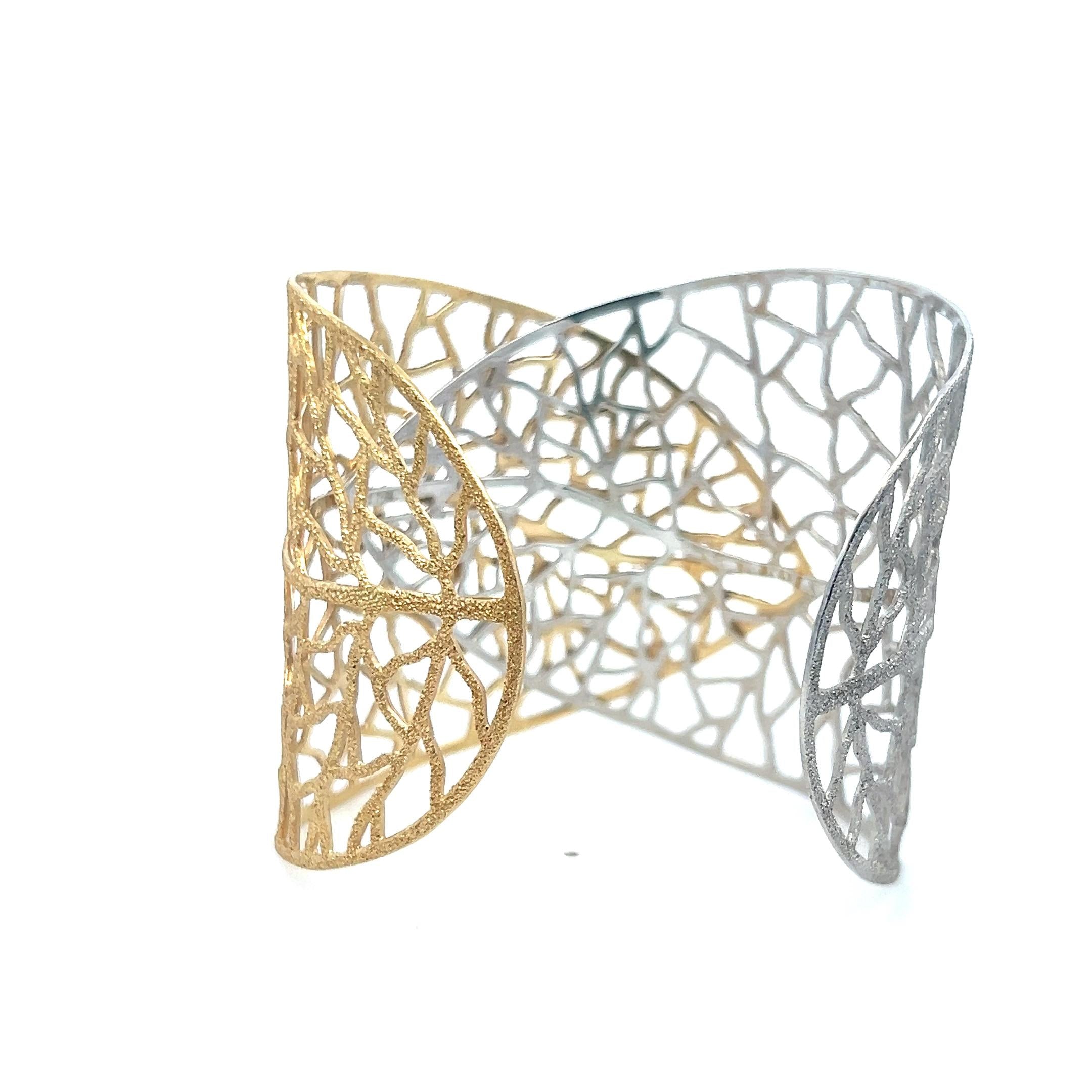Textured Openwork Leaf Design 14 Karat Two Tone Gold Cuff Bracelet