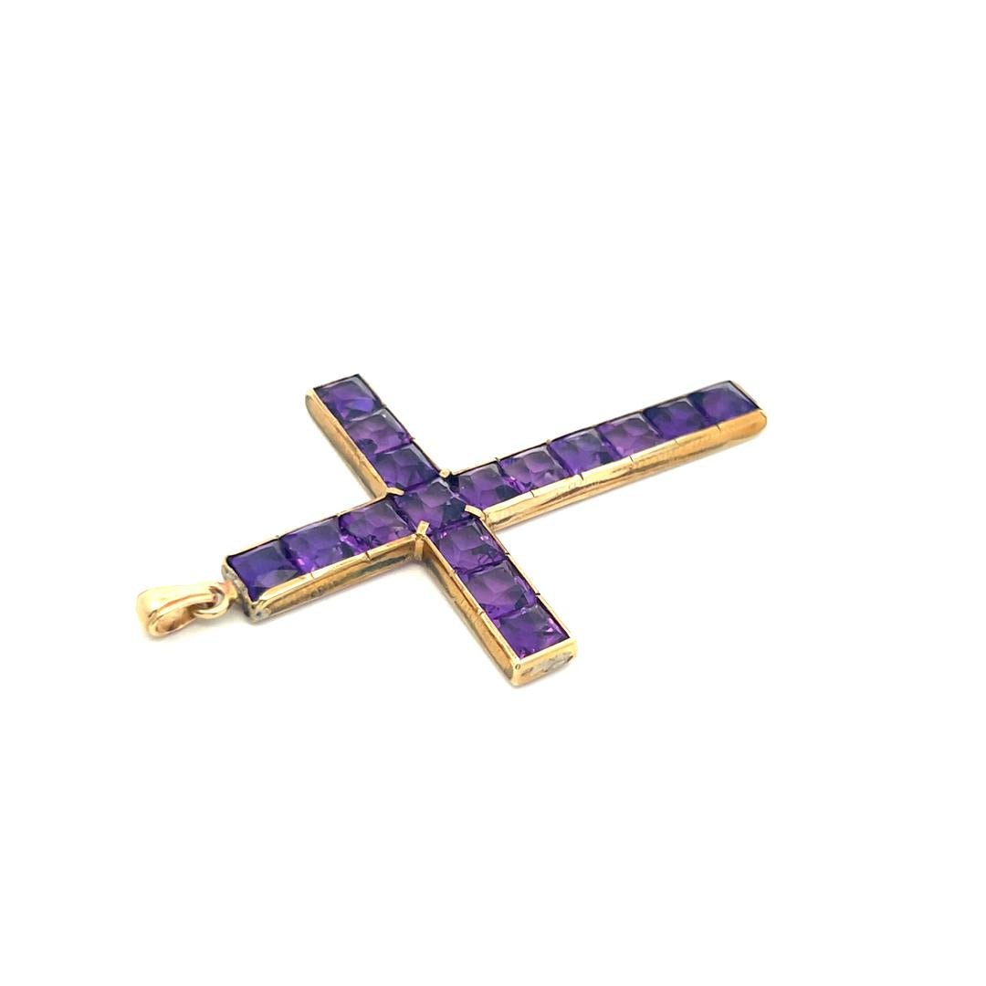 Vintage 18K Yellow Gold Cross Pendant with Amethyst Stones