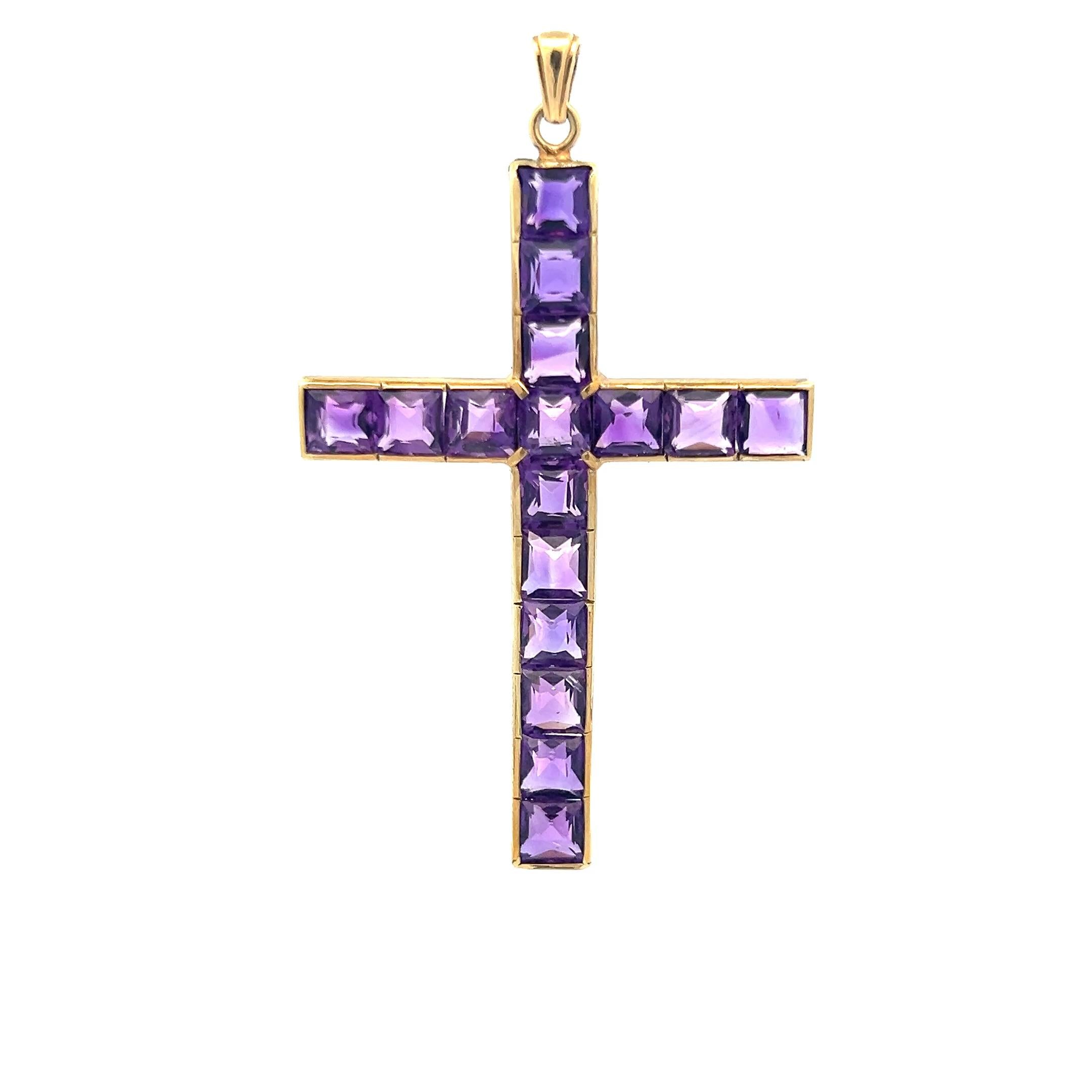 Vintage 18K Yellow Gold Cross Pendant with Amethyst Stones