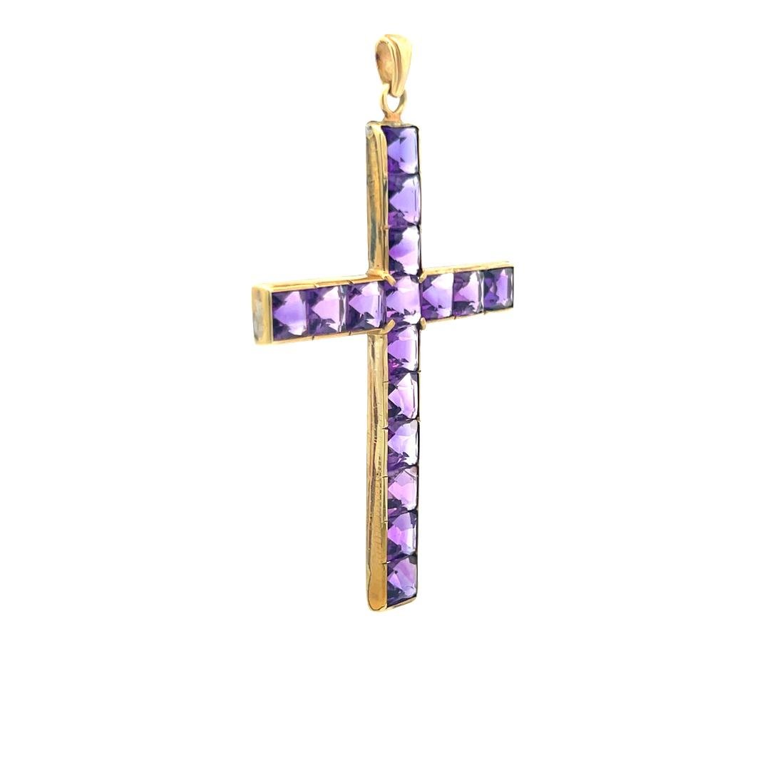 Vintage 18K Yellow Gold Cross Pendant with Amethyst Stones