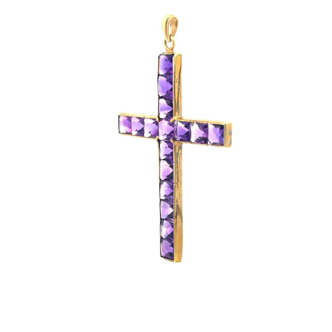 Vintage 18K Yellow Gold Cross Pendant with Amethyst Stones