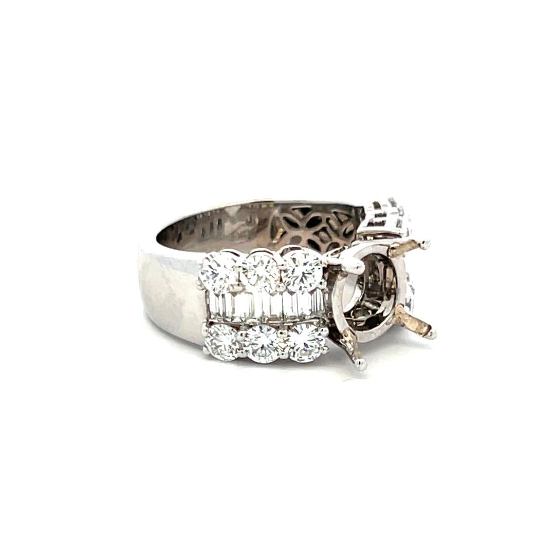 2.20 Carat Round Brilliant Emerald Cut Diamond 18K White Gold Semi Mount Ring