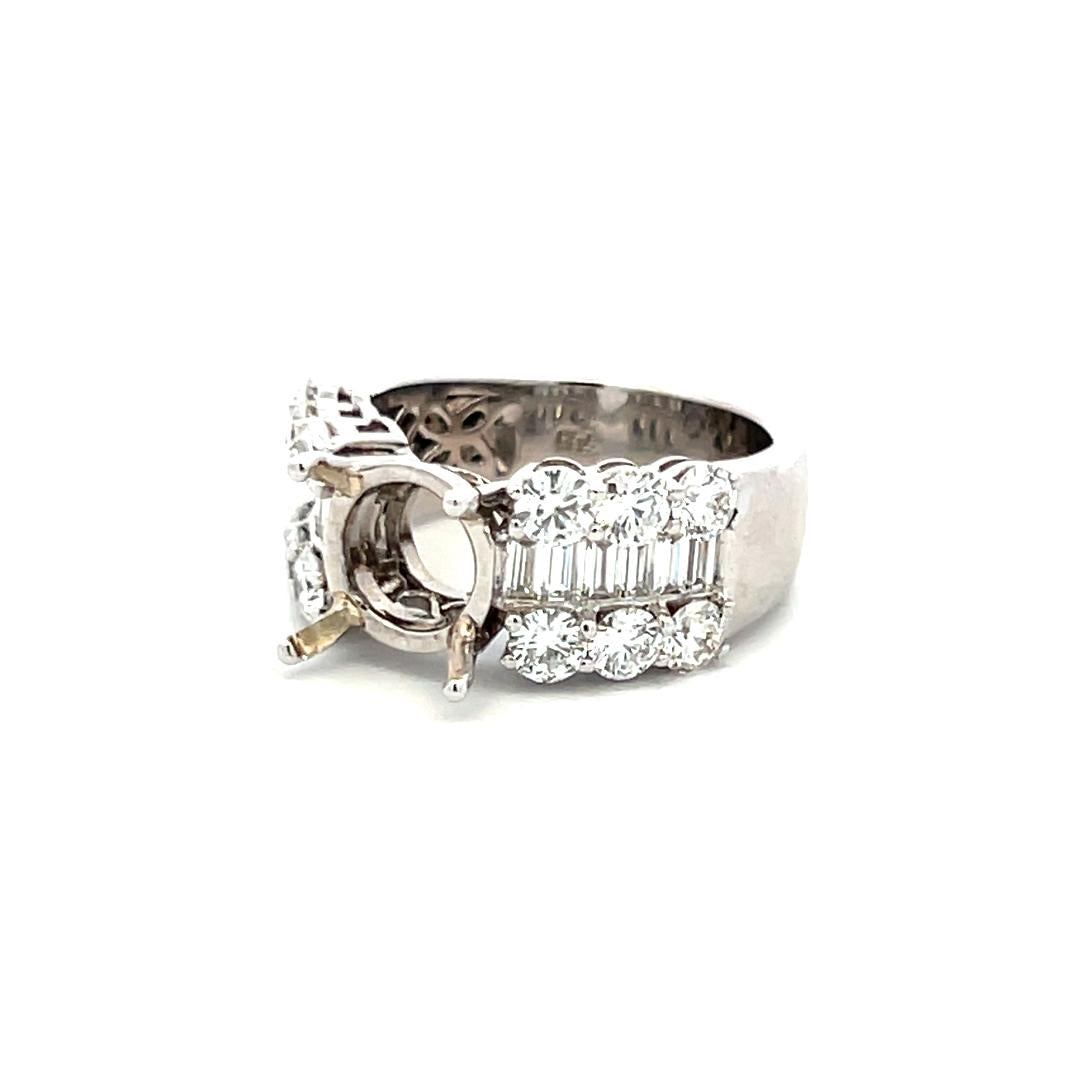 2.20 Carat Round Brilliant Emerald Cut Diamond 18K White Gold Semi Mount Ring