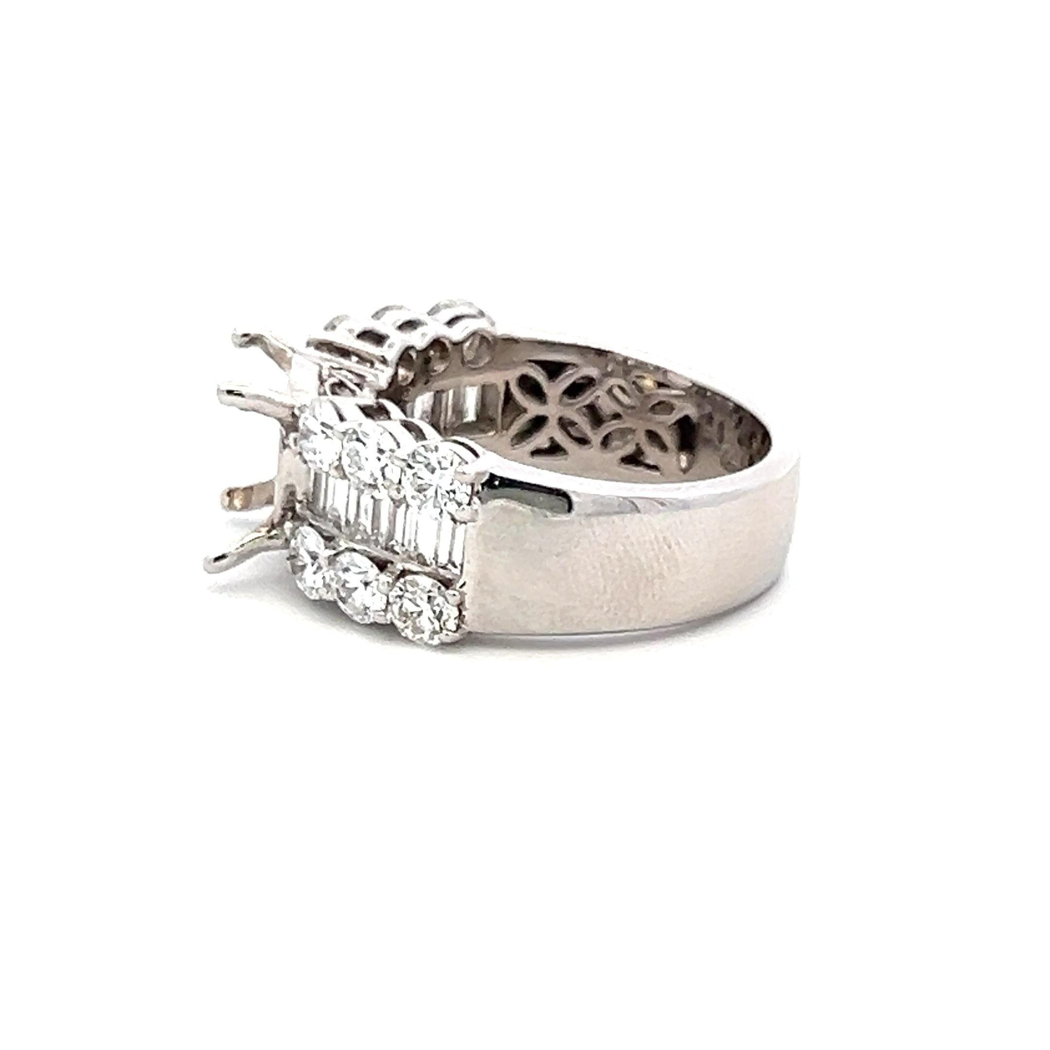2.20 Carat Round Brilliant Emerald Cut Diamond 18K White Gold Semi Mount Ring